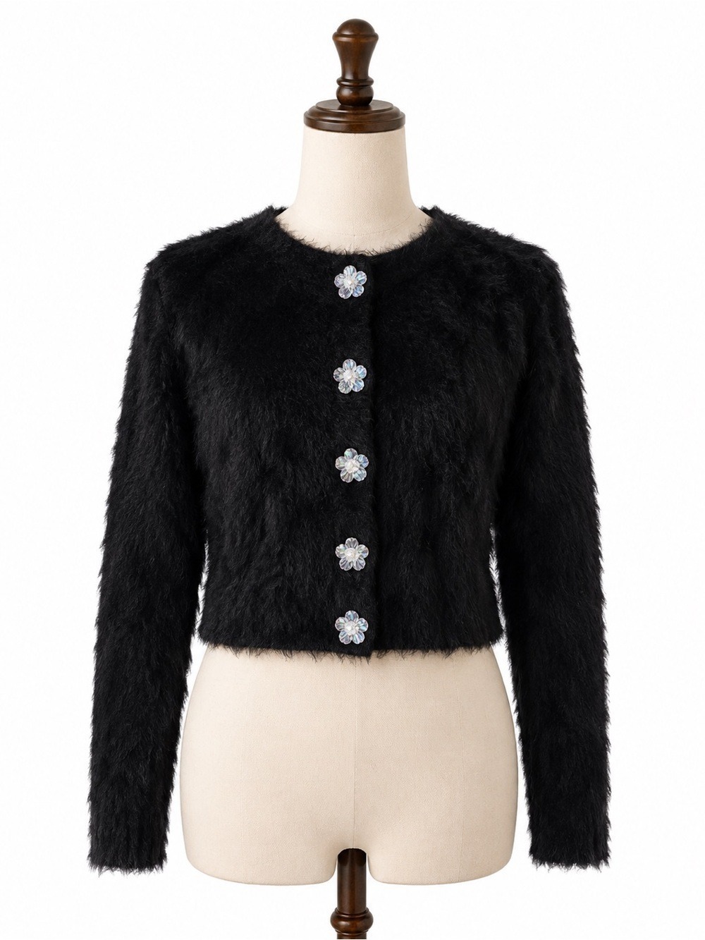 Zara Black Fuzzy Floral Button Cardigan Cropped Soft Stretch USA S